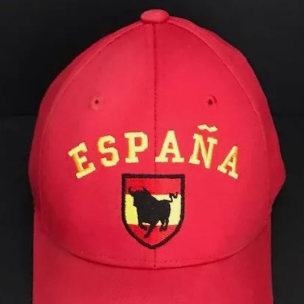 SPAIN BULL LOGO HAT (ESPANA TORO) RED FUTBOL SOCCER ADJUSTABLE CAP BY BENEGASSI